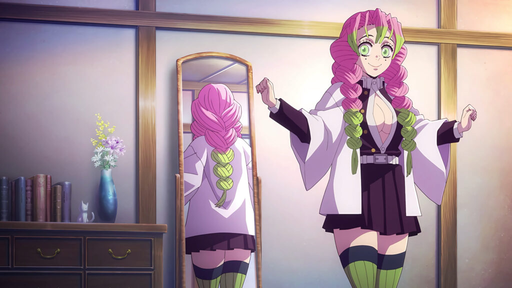 Mitsuri Kanroji from Demon Slayer Checking Her Mirror Desktop Wallpaper
