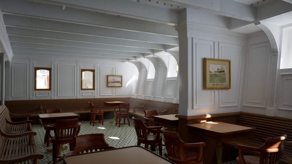 Vintage Cruise Ship Dining Hall Interior 4K Desktop Wallpaper