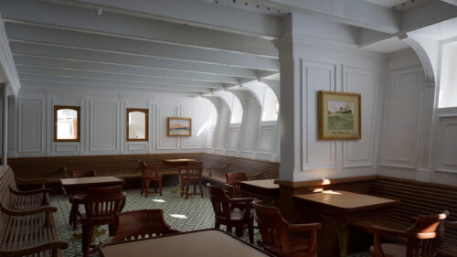 Vintage Cruise Ship Dining Hall Interior 4K Desktop Wallpaper