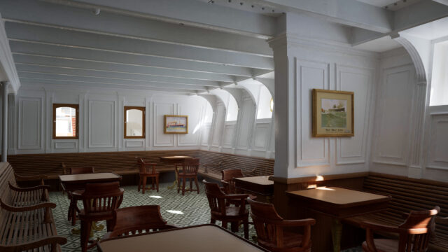 Vintage Cruise Ship Dining Hall Interior 4K Desktop Wallpaper