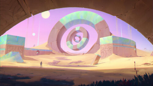A Lone Traveler Exploring Ancient Alien Desert Ruins 4K PC Wallpaper