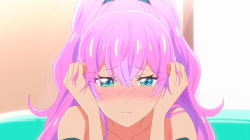 Cute Anime Girl with Pink Hair and Blushing Cheeks Desktop Wallpaper