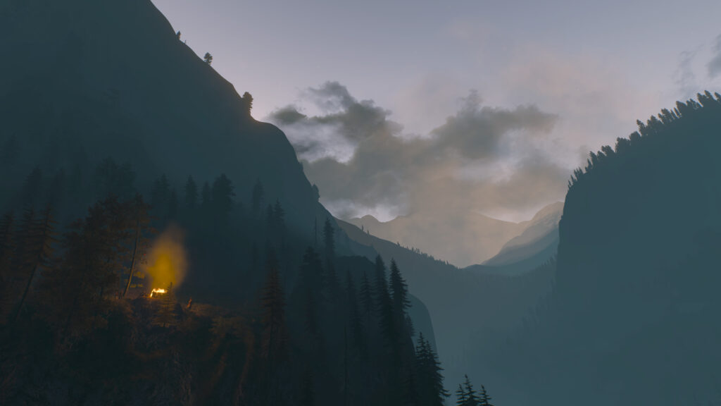 Stunning Mountain Valley at Dusk with Campfire Glow 4K Desktop Wallpaper