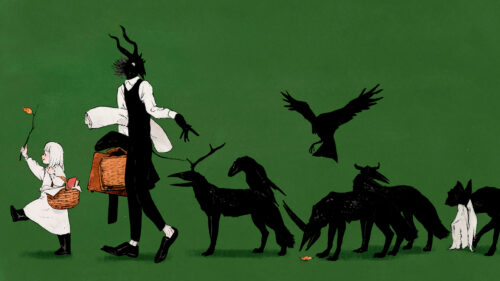 Enigmatic Shadow Creature and Little Girl Walking in Forest Desktop Wallpaper