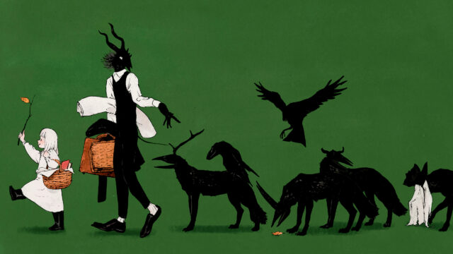 Enigmatic Shadow Creature and Little Girl Walking in Forest Desktop Wallpaper