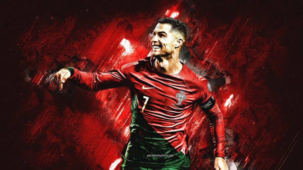 Cristiano Ronaldo Smiling in Portugal Kit Red Grunge Background 4K Wallpaper