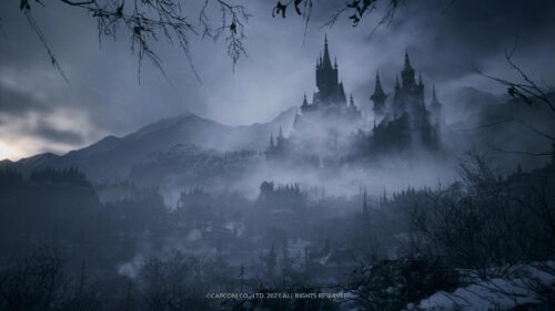 Gothic Castle in Snowy Mountains Resident Evil Village 4K Desktop Wallpaper
