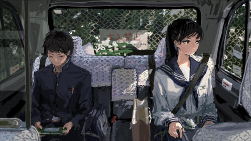 Anime Students in a Car Interior Moody Aesthetic Desktop Wallpaper