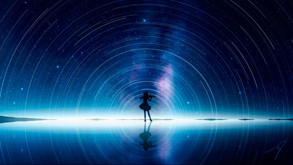 Anime Girl Playing Violin Under Starry Night Sky 4K Desktop Wallpaper
