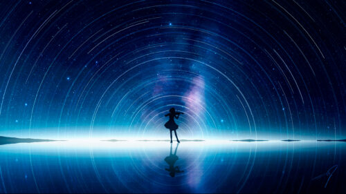 Anime Girl Playing Violin Under Starry Night Sky 4K Desktop Wallpaper