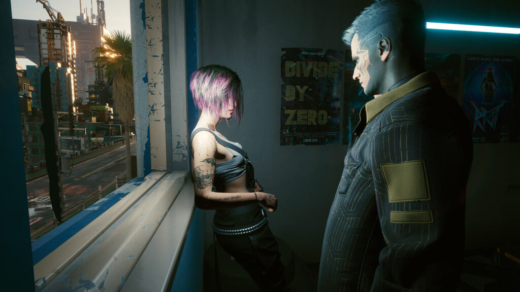 Judy Alvarez and V in Cyberpunk 2077 Night City Apartment 4K Wallpaper