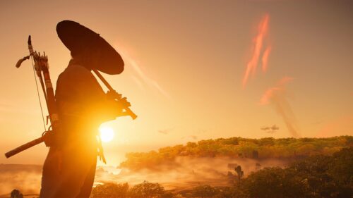 Ghost of Tsushima Samurai Warrior at Golden Sunset PC Wallpaper