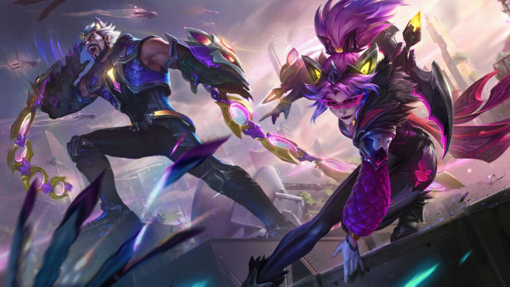 League of Legends Battle Cat Jinx and Battle Wolf Sylas Cyberpunk 4K Wallpaper