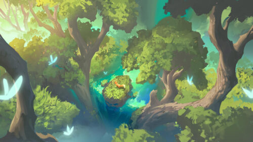 Enchanted Forest with Small Red Fox Standing on Floating Mossy Stone 4K Wallpaper