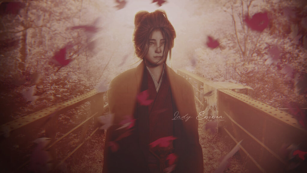 Sad Samurai Girl in Autumn Leaves 4K Desktop Wallpaper