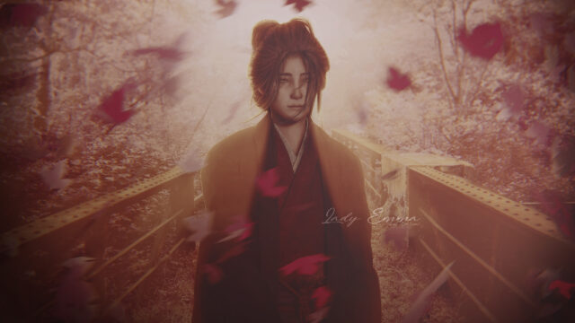 Sad Samurai Girl in Autumn Leaves 4K Desktop Wallpaper