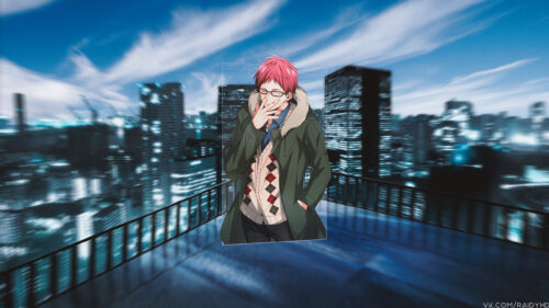 Anime Boy with Pink Hair in Cityscape Night Sky Desktop Wallpaper