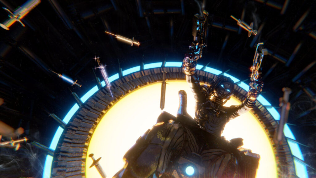 Cyberpunk Warrior Dual Wielding Pistols with Floating Syringes 4K Desktop Wallpaper