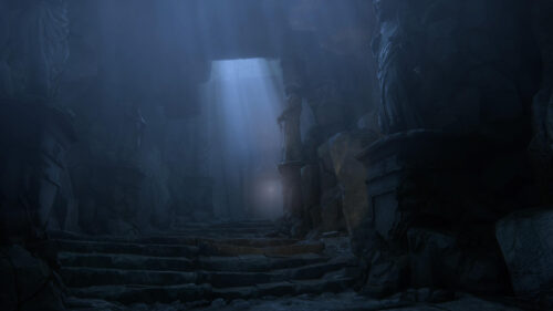 Mysterious Ancient Stone Ruins with Ethereal Light Rays 4K Desktop Wallpaper