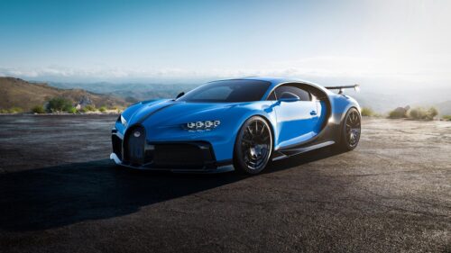 Blue Bugatti Chiron Pur Sport Supercar on Mountain Road Desktop Wallpaper