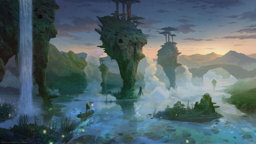 Fantasy Landscape with Floating Islands and Misty River Desktop Wallpaper