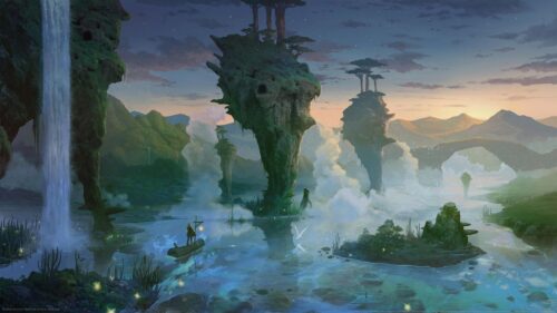 Fantasy Landscape with Floating Islands and Misty River Desktop Wallpaper