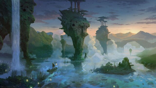 Fantasy Landscape with Floating Islands and Misty River Desktop Wallpaper