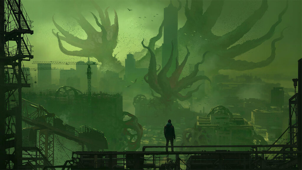 Apocalyptic Monster Overrun City Green Atmosphere 4K Desktop Wallpaper