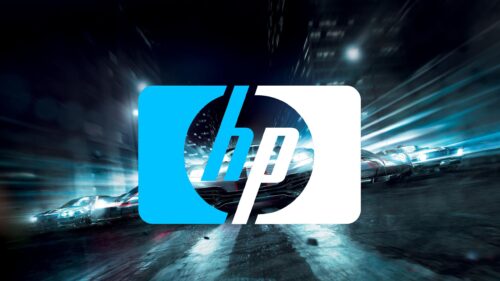 HP Logo Over High Speed Racing Cars Night City Street Scene PC Wallpaper