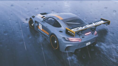 Grey Mercedes-AMG GT3 Race Car Racing in Rain 4K Wallpaper