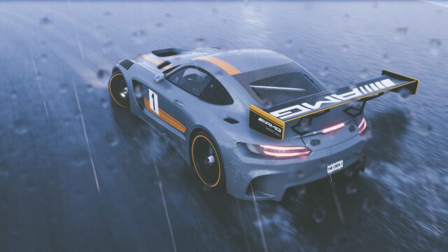 Grey Mercedes-AMG GT3 Race Car Racing in Rain 4K Wallpaper
