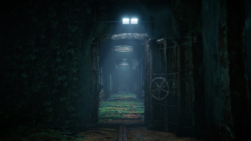 Abandoned Industrial Corridor with Overgrown Nature 4K Desktop Wallpaper