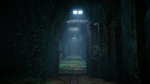 Abandoned Industrial Corridor with Overgrown Nature 4K Desktop Wallpaper