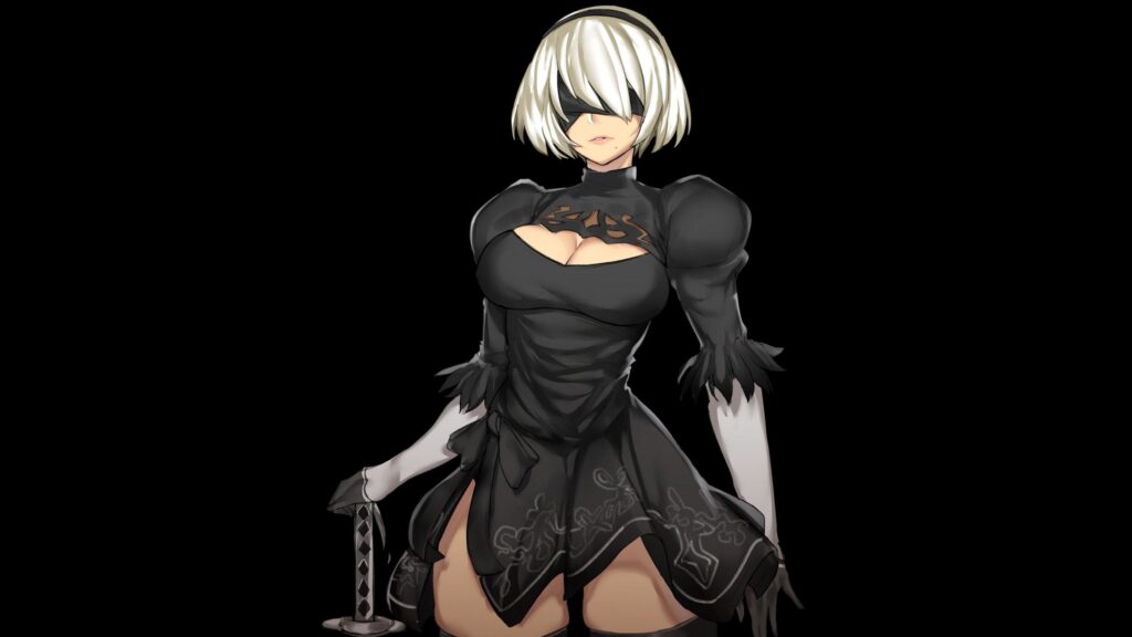 2B Nier Automata Character Art Minimalist Black Background 4K Desktop Wallpaper