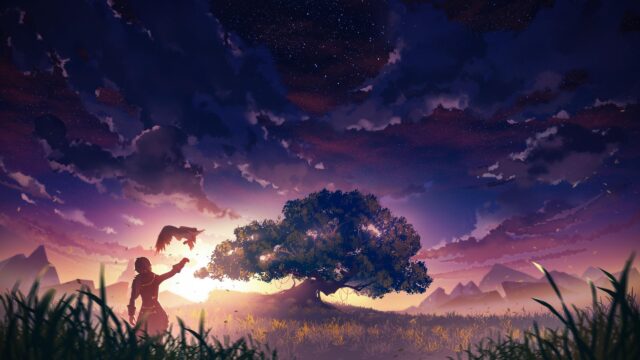 Anime Warrior with Falcon at Sunset Under Starry Sky PC Wallpaper