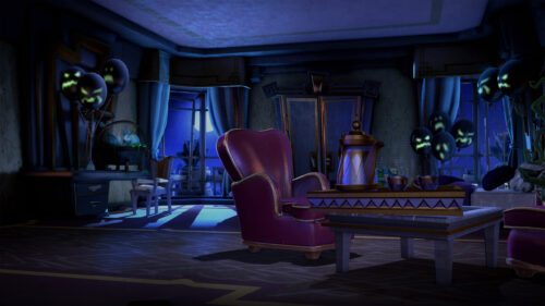 Spooky Haunted Hotel Room with Glowing Balloons Interior 4K Desktop Wallpaper
