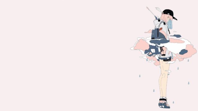 Minimalist Anime Girl Standing on Clouds Aesthetic 4K Desktop Wallpaper