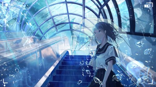 Anime Girl Underwater Aquarium Tunnel Aesthetic 4K Desktop Wallpaper