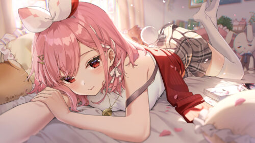 Cute Anime Girl with Pink Hair Resting on Bed 4K PC Wallpaper