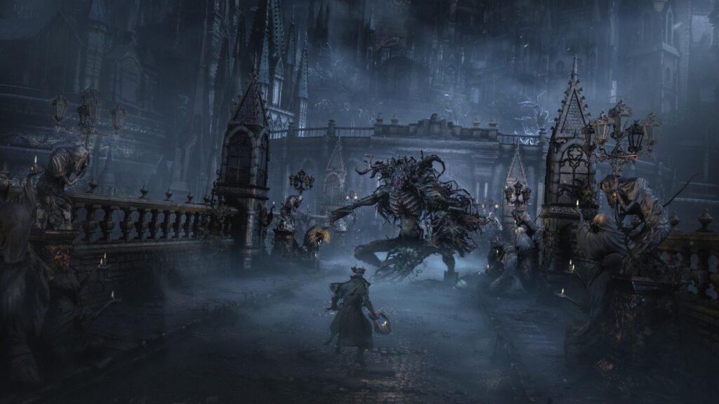 Bloodborne Hunter Facing a Horrifying Beast in Yharnam 4K Desktop Wallpaper
