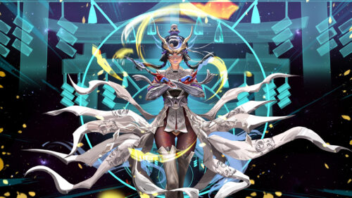 Mystical Anime Warrior Goddess in Shinto Shrine Digital Art 4K Desktop Wallpaper