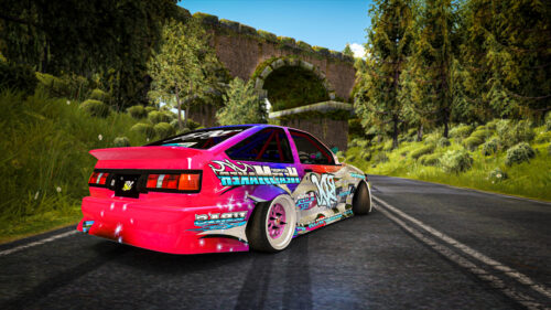 Custom Pink Drift Toyota AE86 on Country Road 4K Wallpaper