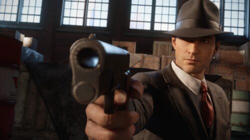 Mafia Definitive Edition Tommy Angelo Pointing Gun 4K Desktop Wallpaper