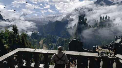 Geralt of Rivia Overlooking Kaer Morhen Valley 4K Desktop Wallpaper