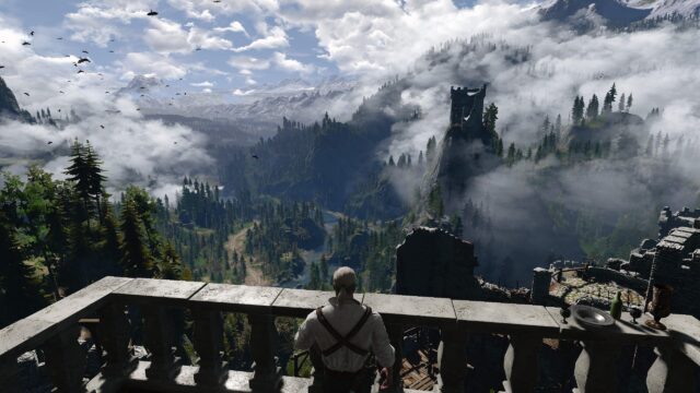 Geralt of Rivia Overlooking Kaer Morhen Valley 4K Desktop Wallpaper