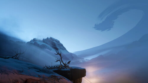 Mystical Snowy Peak with Deer Skeleton and Raven 4K Desktop Wallpaper