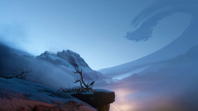 Mystical Snowy Peak with Deer Skeleton and Raven 4K Desktop Wallpaper