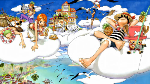 One Piece Straw Hat Pirates Relaxing on Clouds 4K Desktop Wallpaper