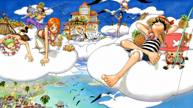 One Piece Straw Hat Pirates Relaxing on Clouds 4K Desktop Wallpaper