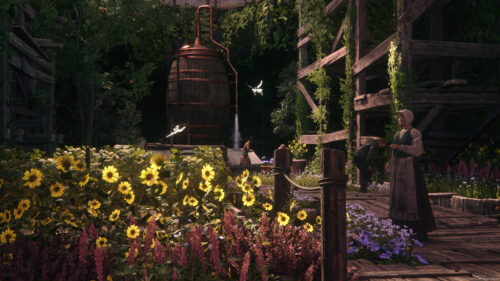 Serene Garden Retreat with Vintage Distilling Equipment 4K Desktop Wallpaper